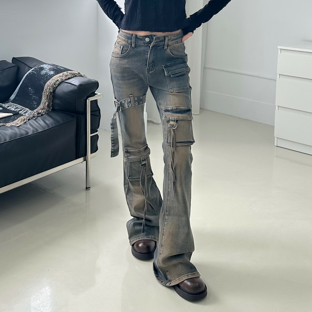 工裝口袋植絨喇叭褲