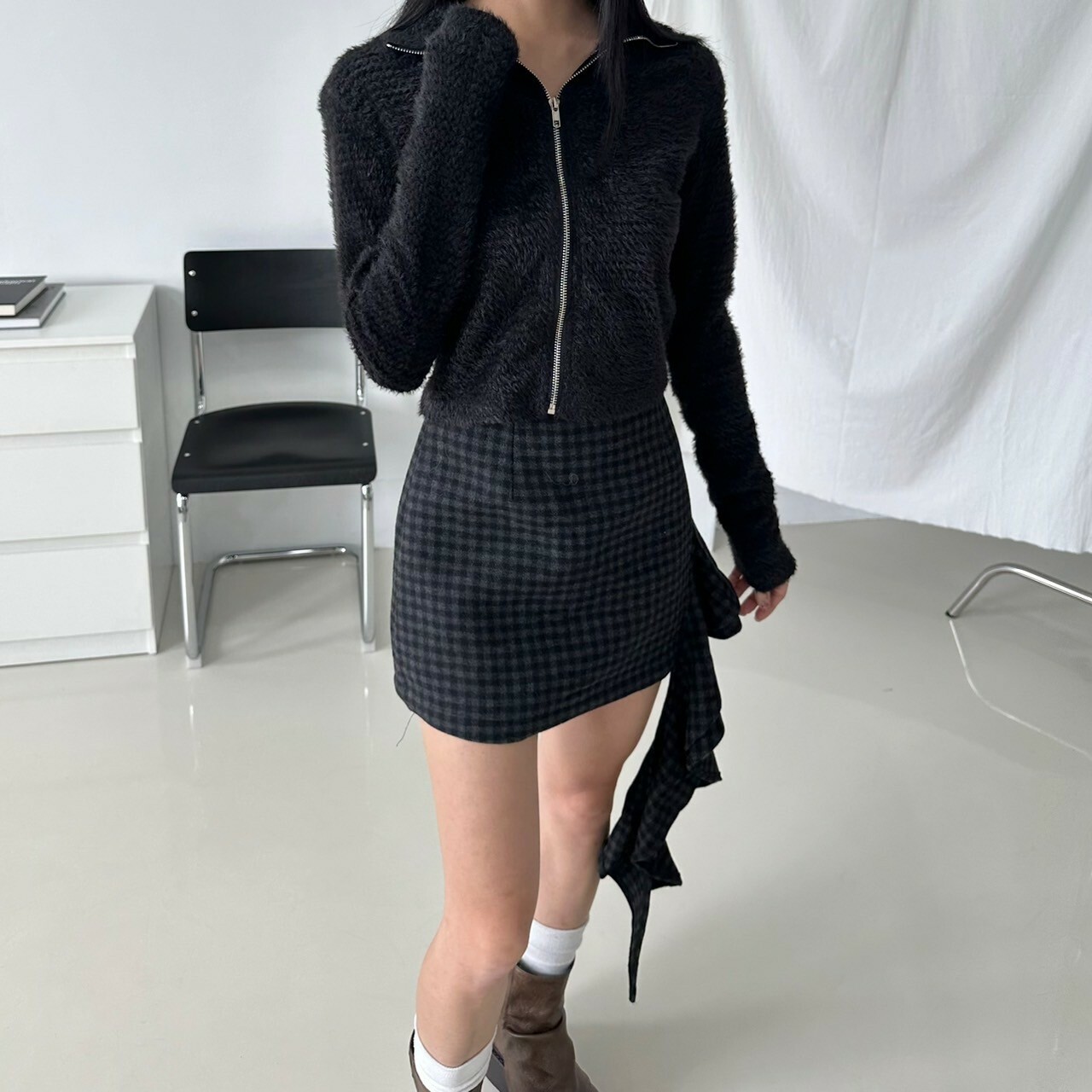 格紋不規則設計毛呢短裙