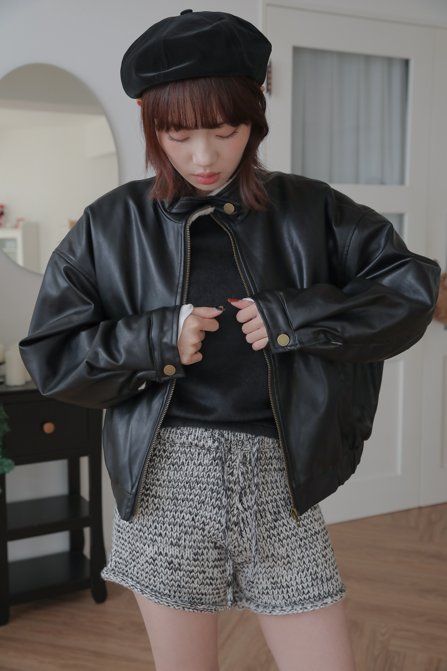 毛毛裏立領皮外套