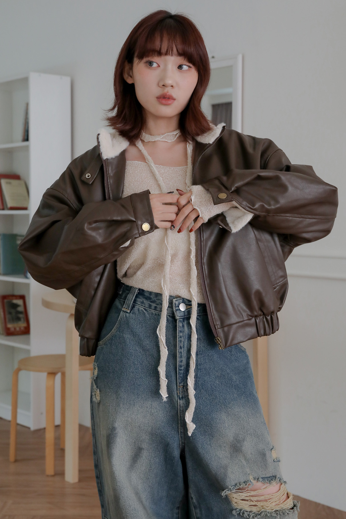 毛毛裏立領皮外套