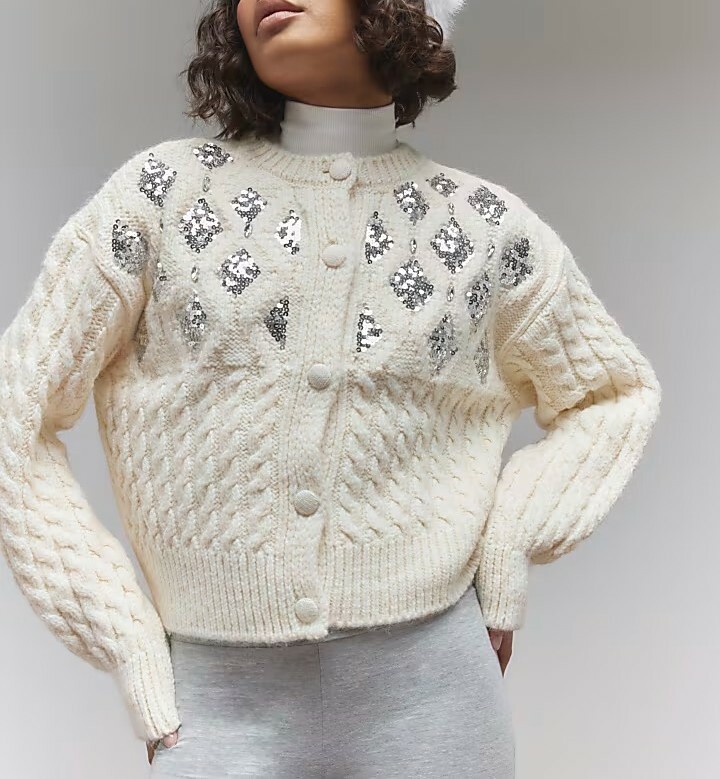 Lux Snow奶油白色雪地手工亮片毛衣小外套