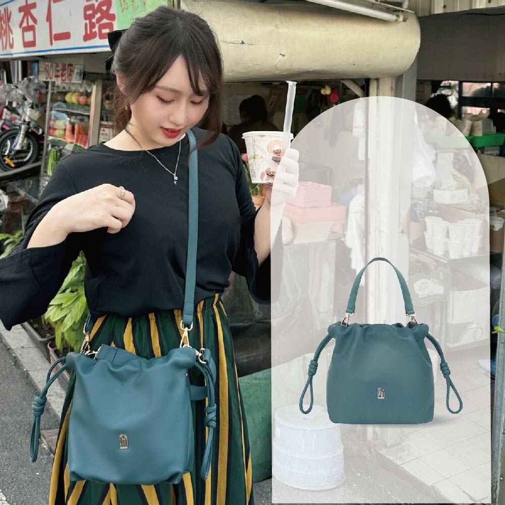 束口皮革慵懶包(小)-玄青