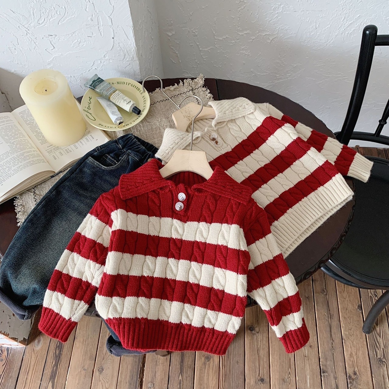 麻花粗條紋針織領子上衣