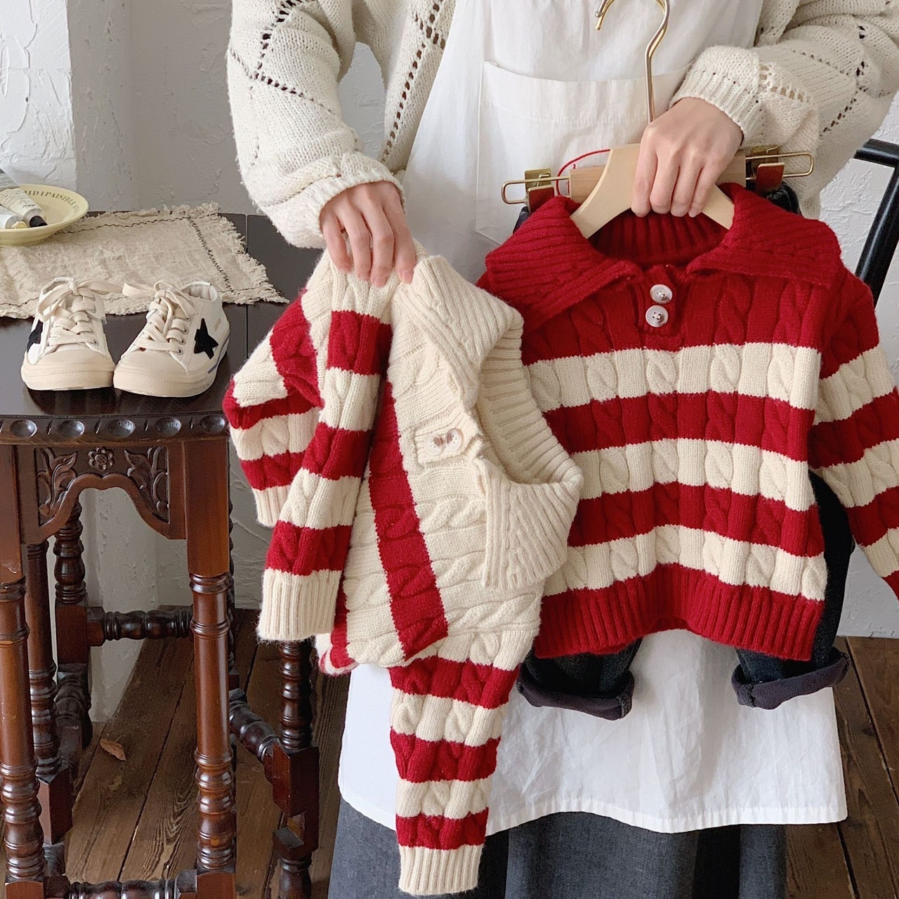 麻花粗條紋針織領子上衣