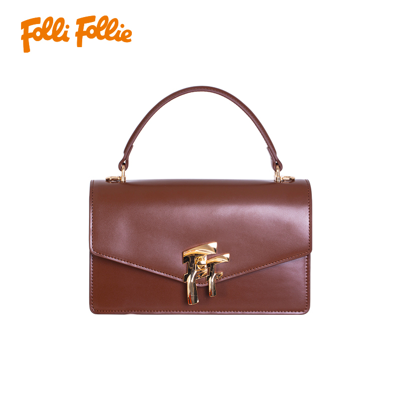 【Folli Follie芙麗芙麗】咖牛皮經典大LOGO方包-