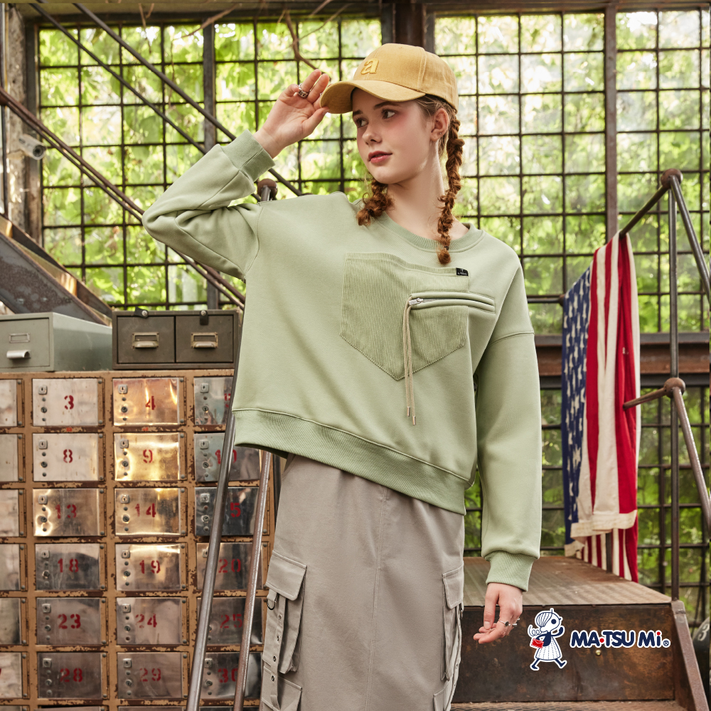 MA‧TSU Mi 內刷毛拼接羅紋假拉鍊棉上衣(草綠.黑)