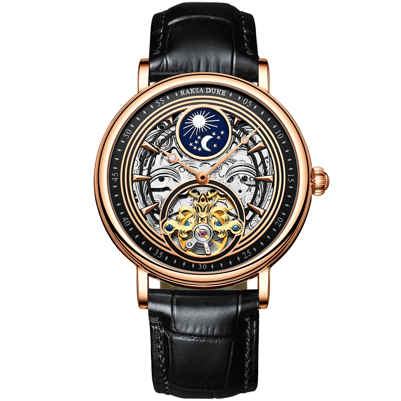 【RAKSA DUKE羅薩公爵】RSD-028 質感機械腕錶 日月星辰 夜光指針 鏤空 小牛皮錶帶 防水30米 47MM-