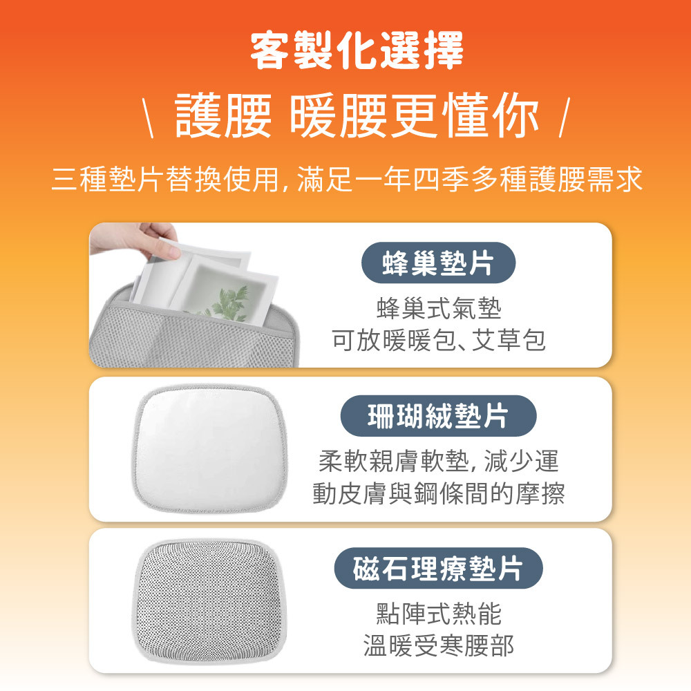 發熱護腰,三種可替換墊片,保護腰部,減少運動摩擦,磁石溫暖受寒腰部