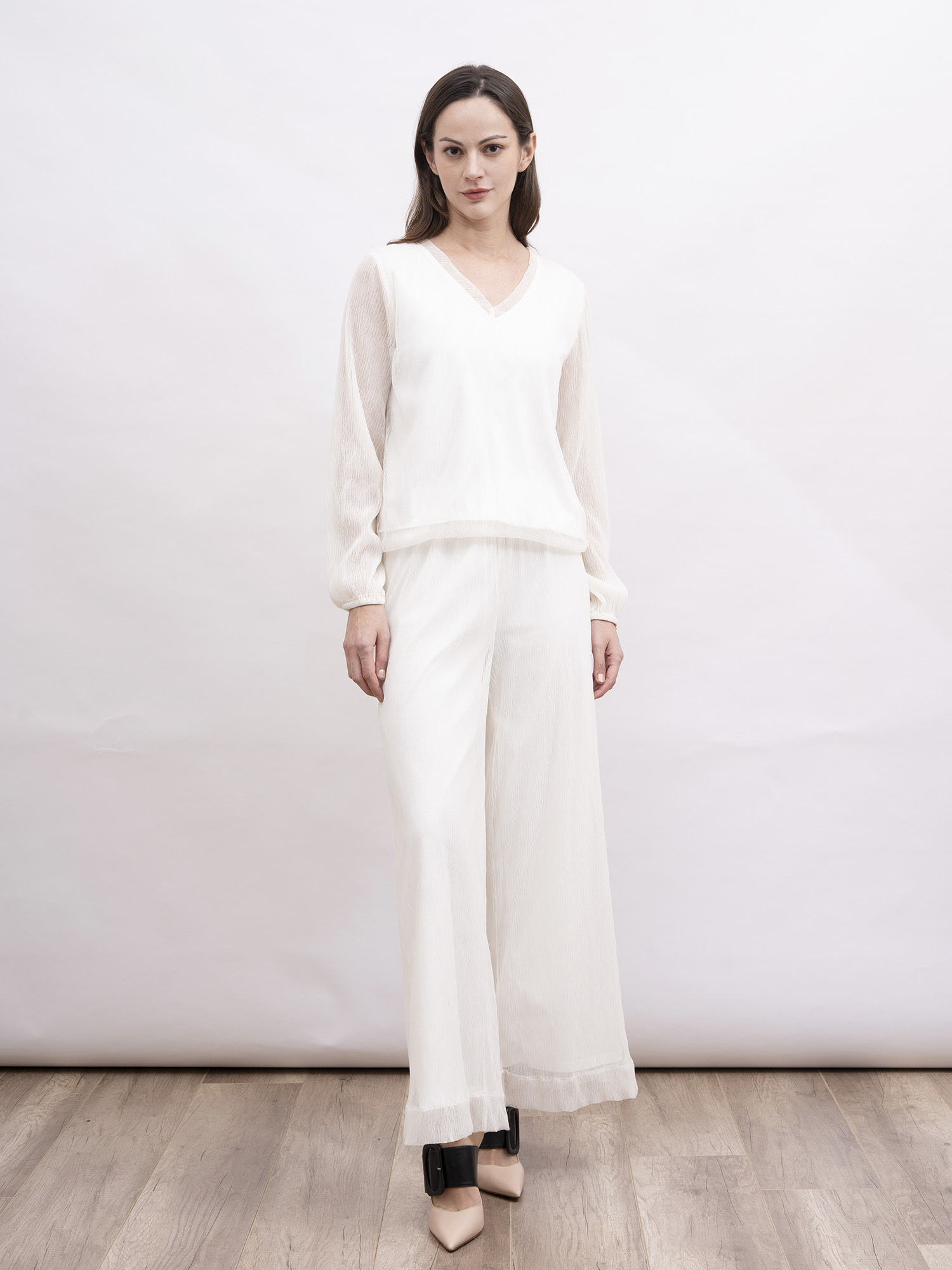 mi-tu 網紗壓褶V領上衣