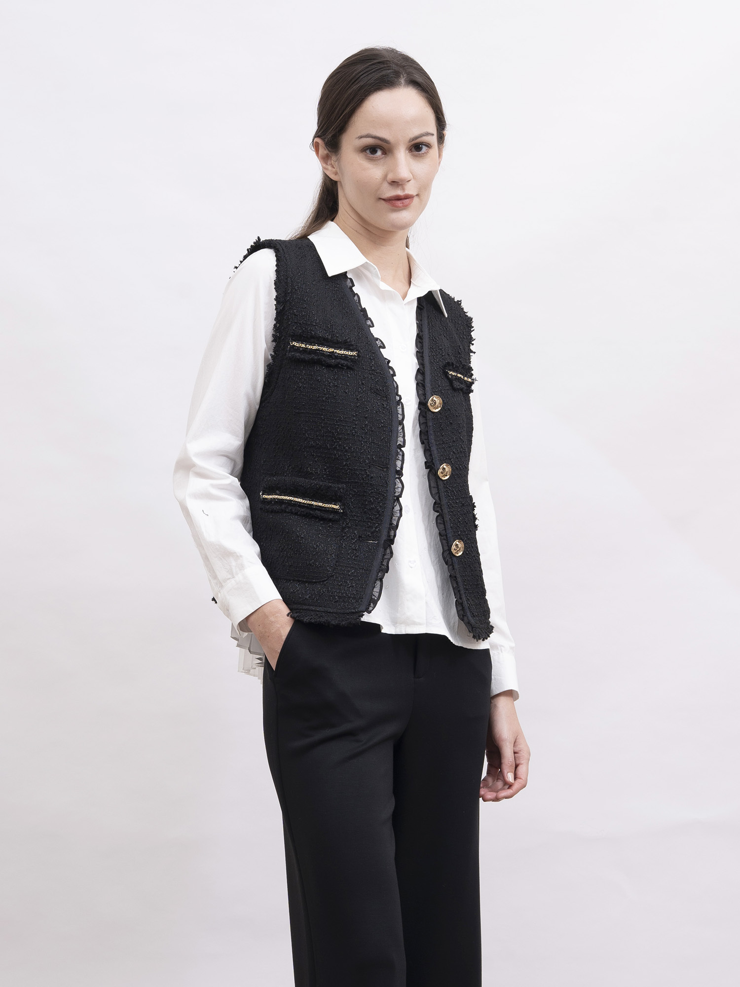 mi-tu 粗花呢背心外套