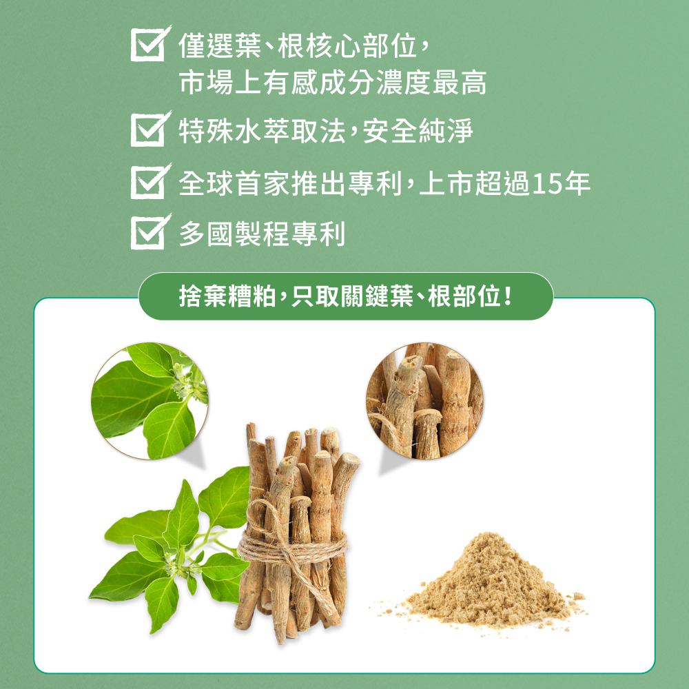 雲飛選擇自在悠-專利南非醉茄萃取物，僅選葉、根核心部位，市場上有感成分濃度最高，特殊水萃取法，安全純淨，Sensoril為全球首家推出專利，上市超過15年，多國製程專利