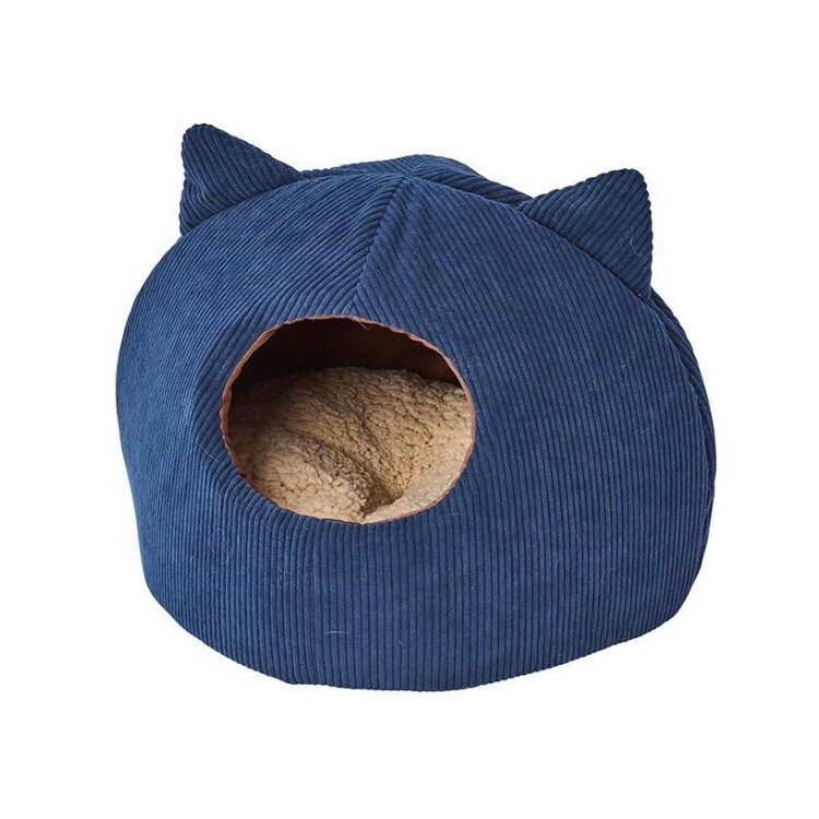 Petio 可愛貓耳造型 毛毛寵物窩 寶藍色
