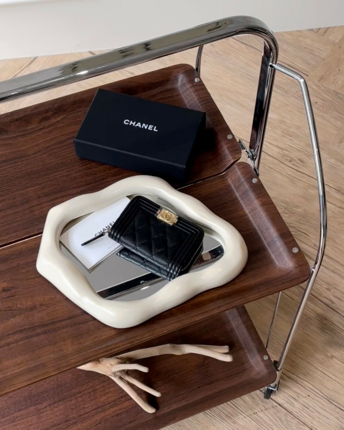 CHANEL｜BOY ㄇ字拉鍊內三層零錢卡包 黑金