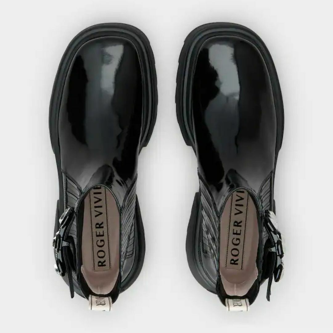 SRV08002 ROGER VIVIER Wallaviv鑽扣漆皮切爾西靴黑色 #RVW710358001UJB999 (E)