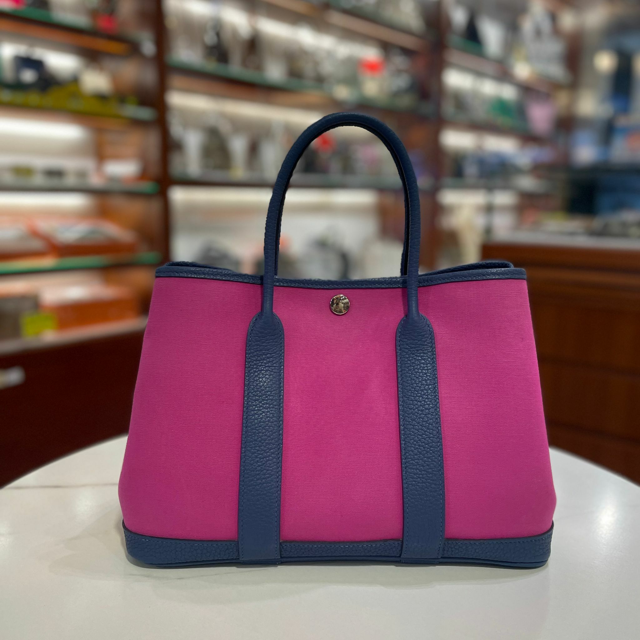 99%NEW二手HERMES GARDEN PARTY 30 C 刻 玉蘭粉/明藍色 帆布#GP30 #香榭站正品