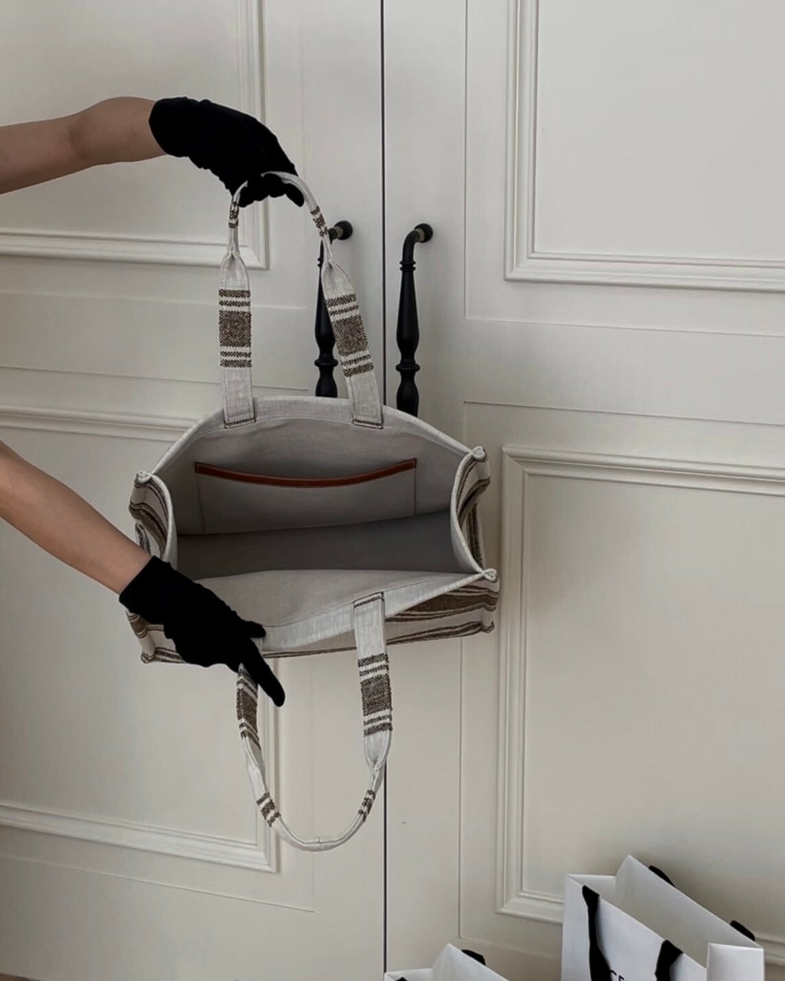 CELINE｜提花條紋織物大號托特包 米色