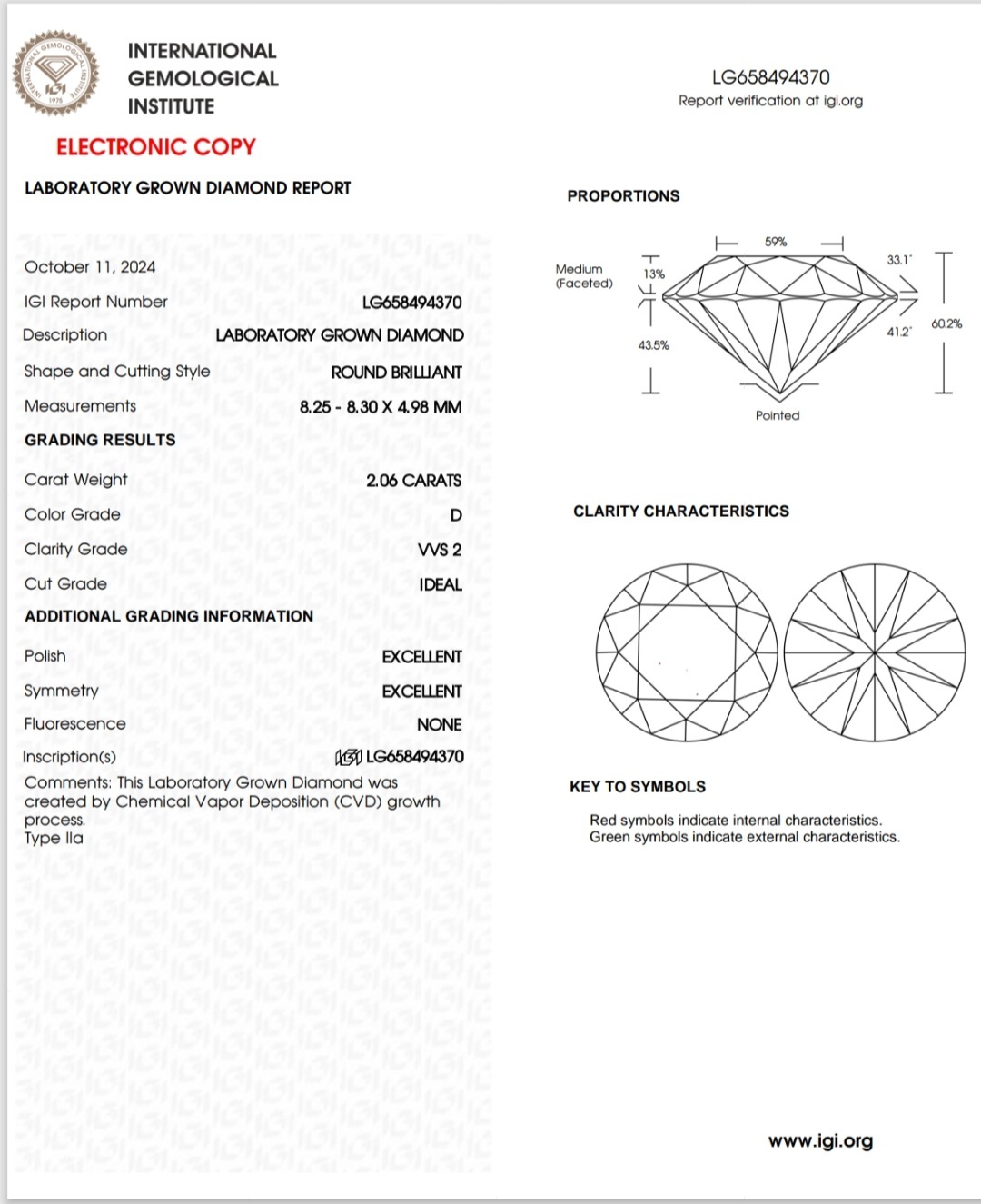 IGI LAB GROWN DIAMOND 2.06 D VVS2 IDEAL 2EX NON