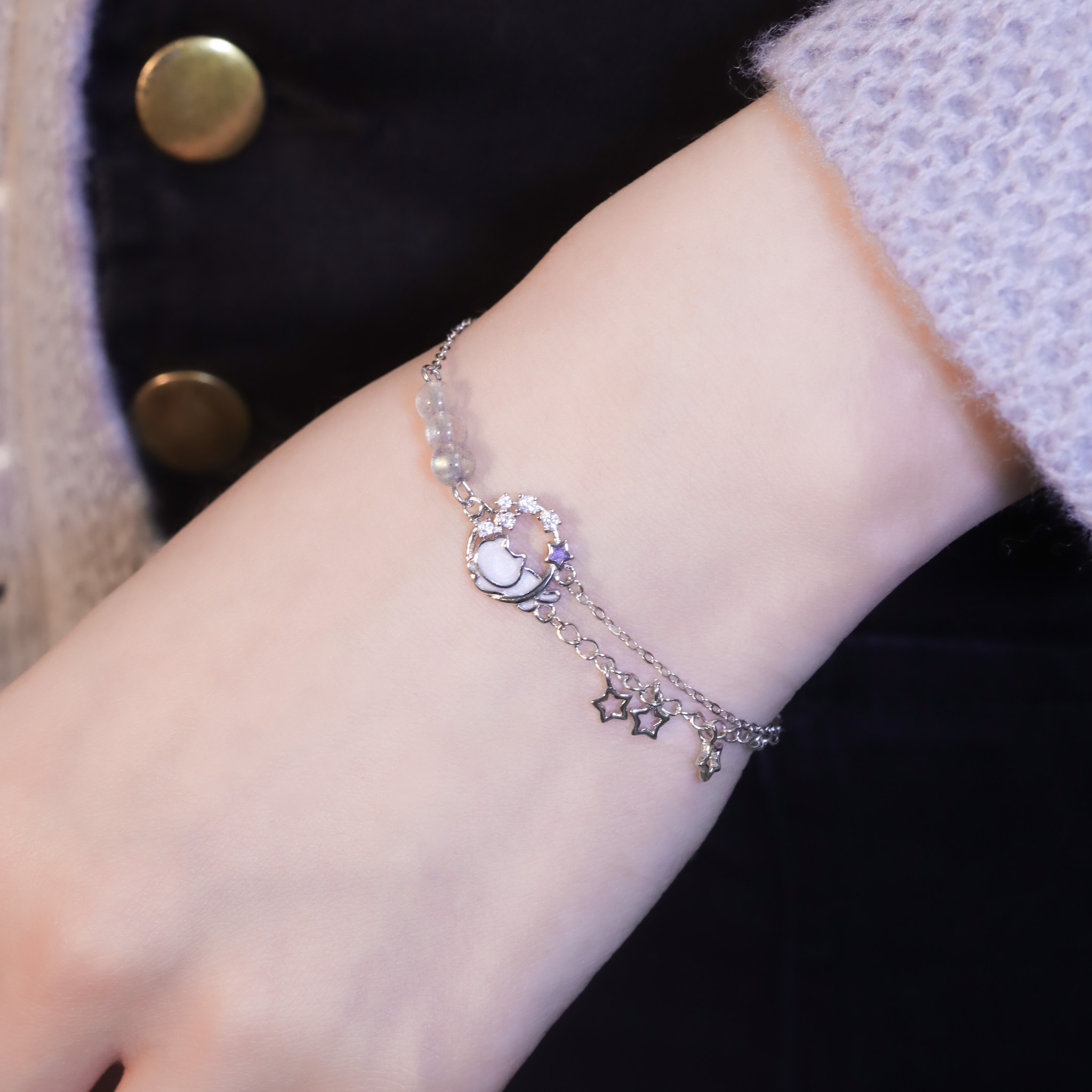 | 925純銀・ 白金 | 漫紫星晴貓咪手鏈 | BR1196 |