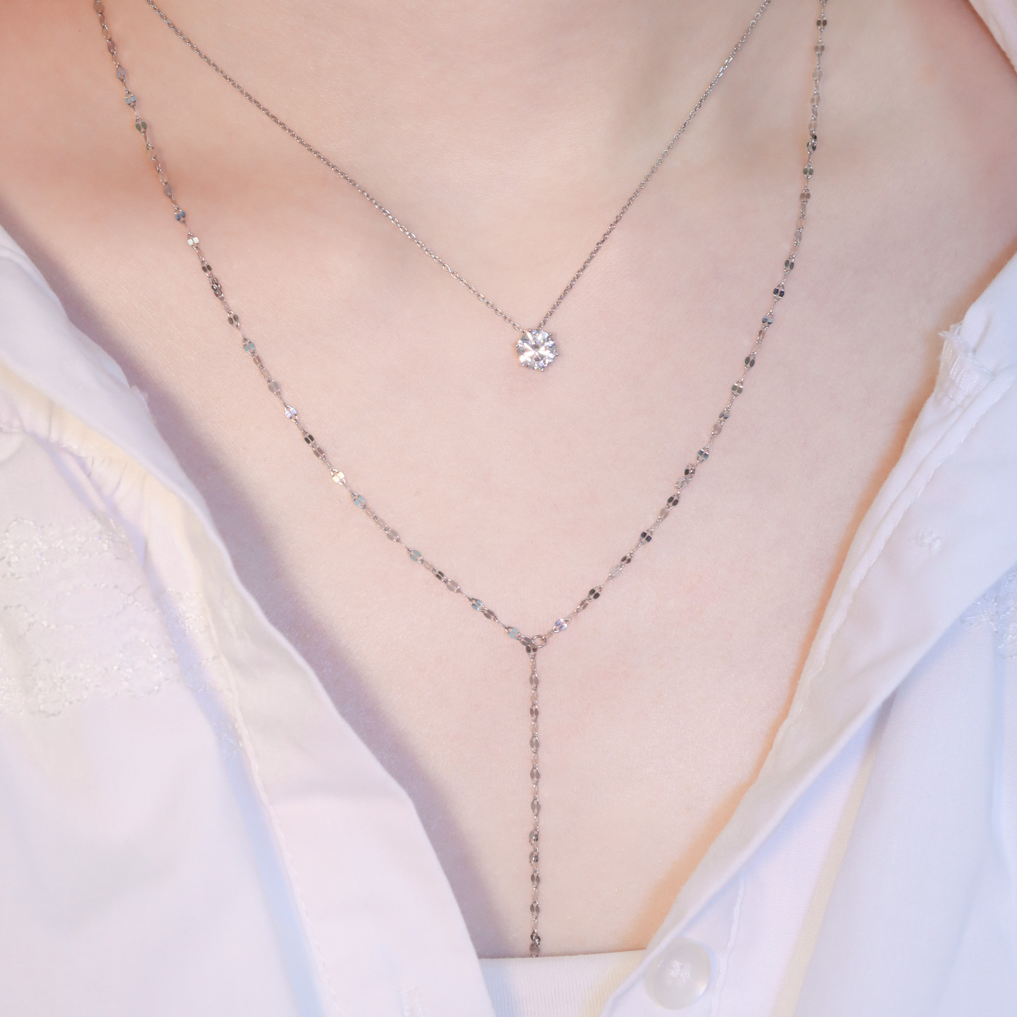 | 925純銀・白金 | 純白精靈雙層項鍊 | NE1238 |