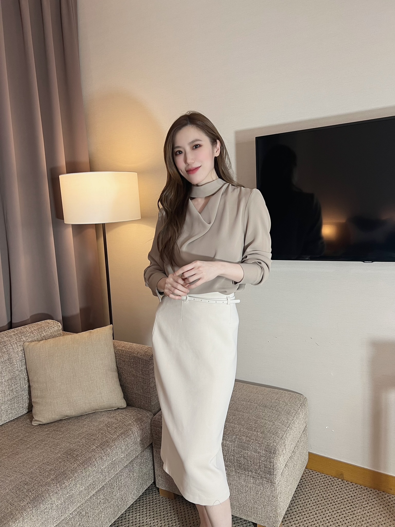 顯瘦腰帶窄裙(秋冬-薄刷絨)