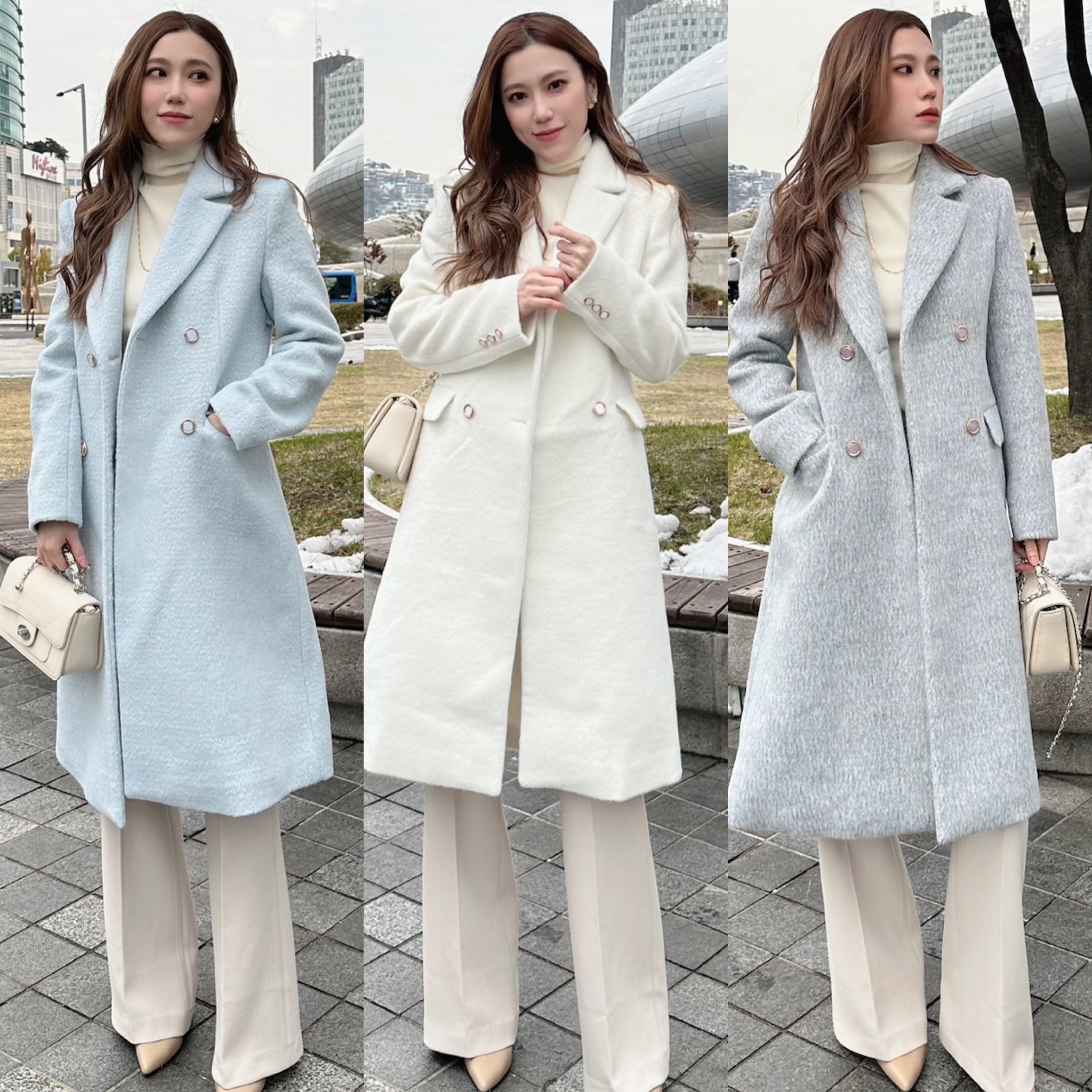 (雪地精靈)毛流感翻領金釦大衣(羊毛50%)