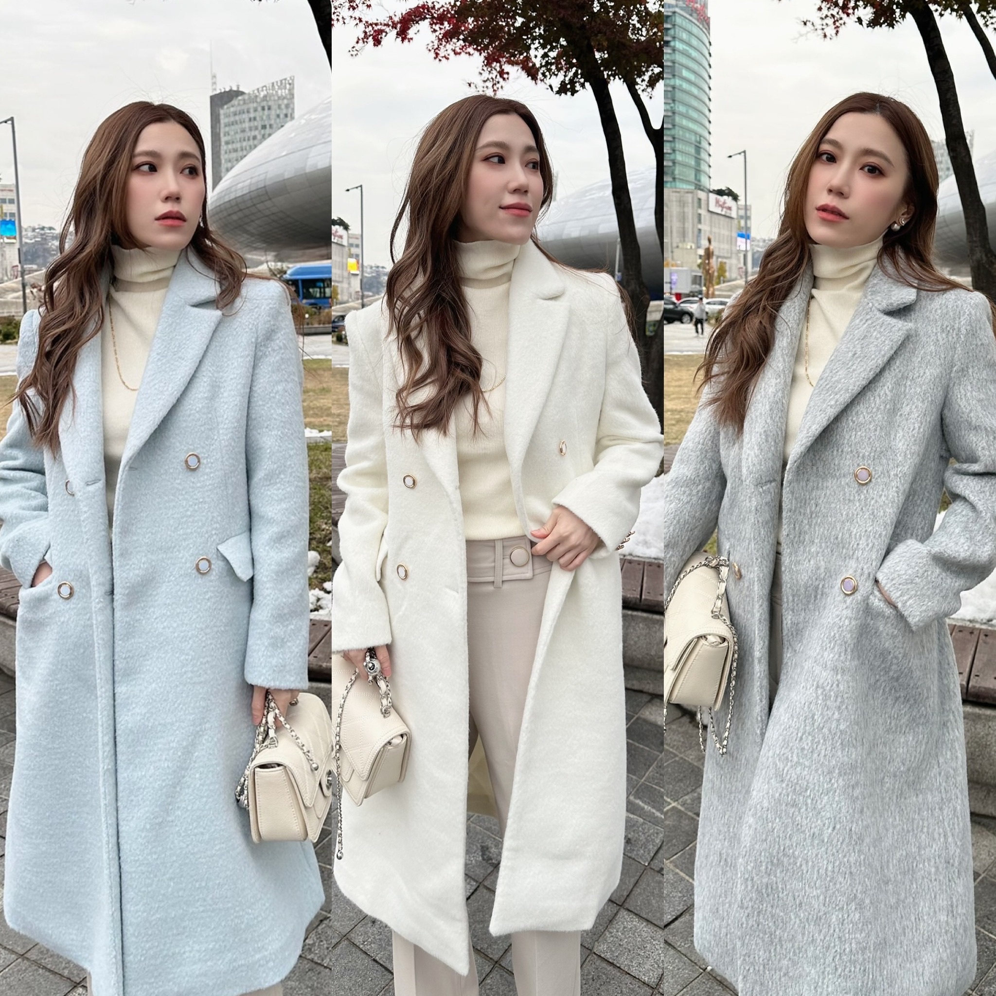 (雪地精靈)毛流感翻領金釦大衣(羊毛50%)