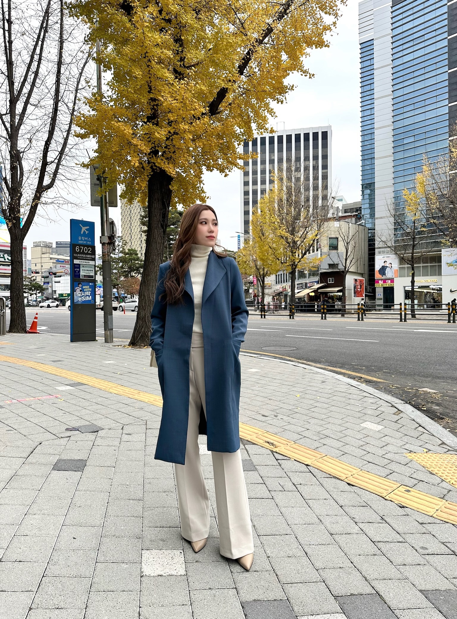 ( JS )高級修身簡約大衣-牛仔藍