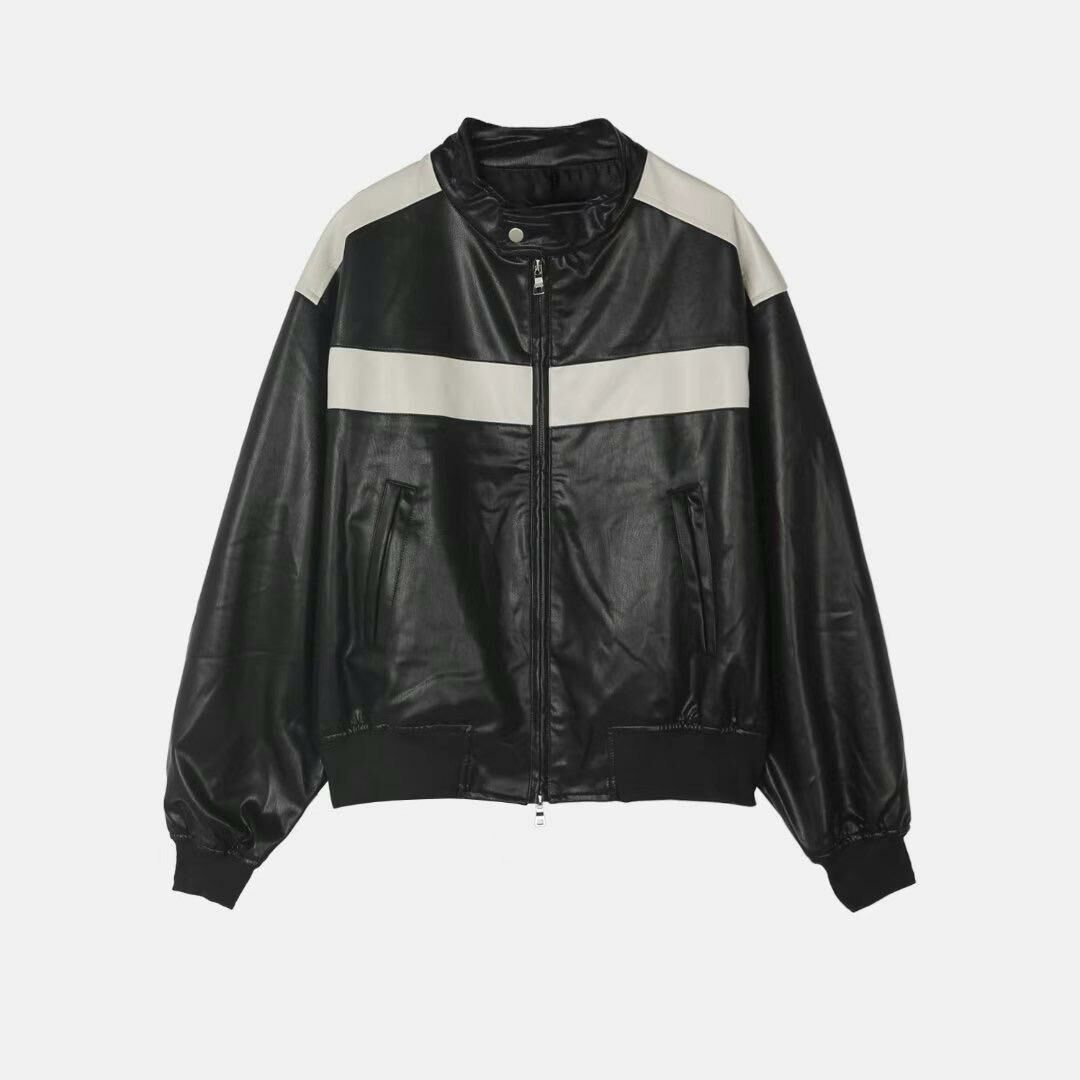 企領拼色拉鍊合成皮褸 JK2582