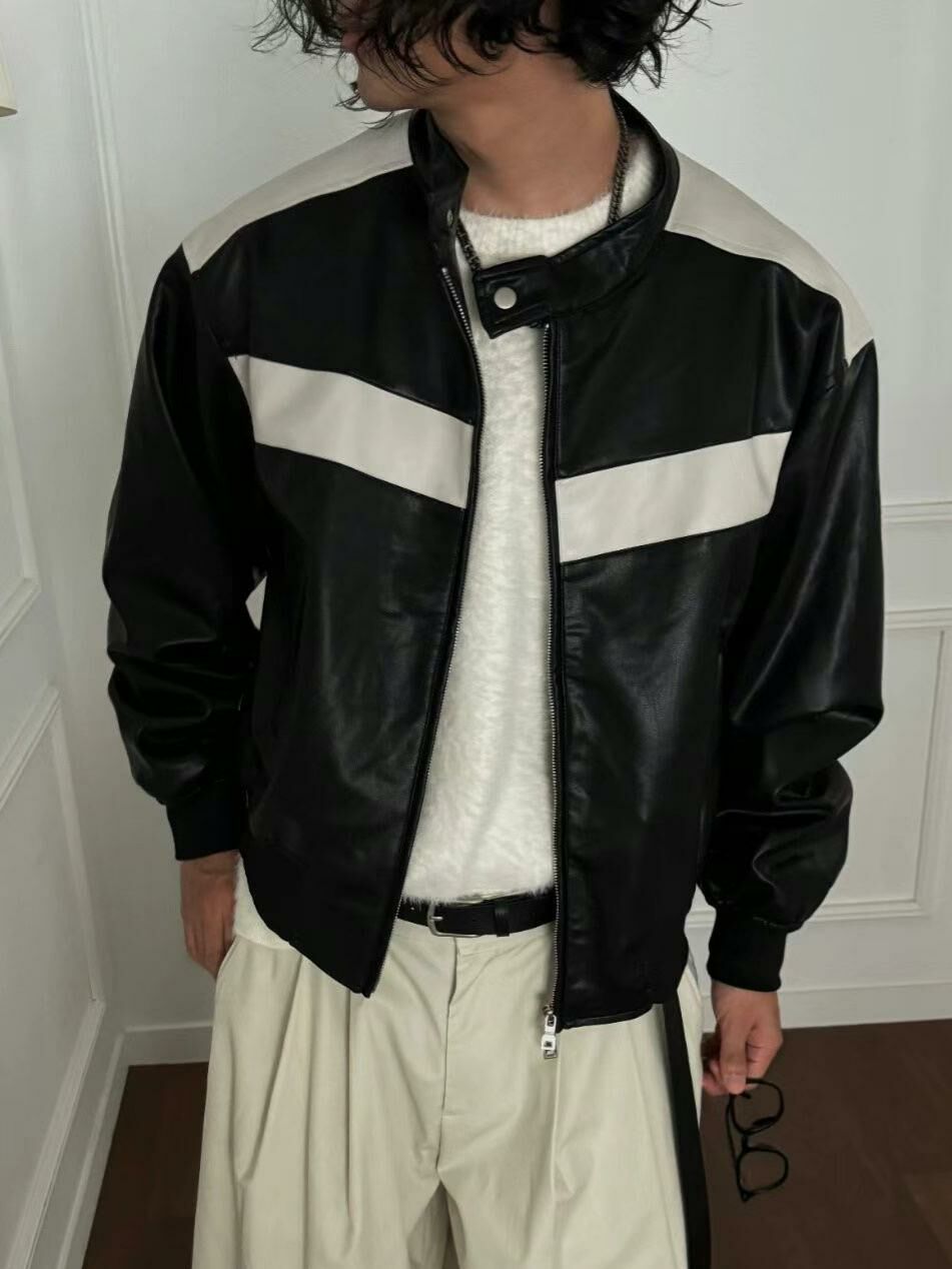 企領拼色拉鍊合成皮褸 JK2582