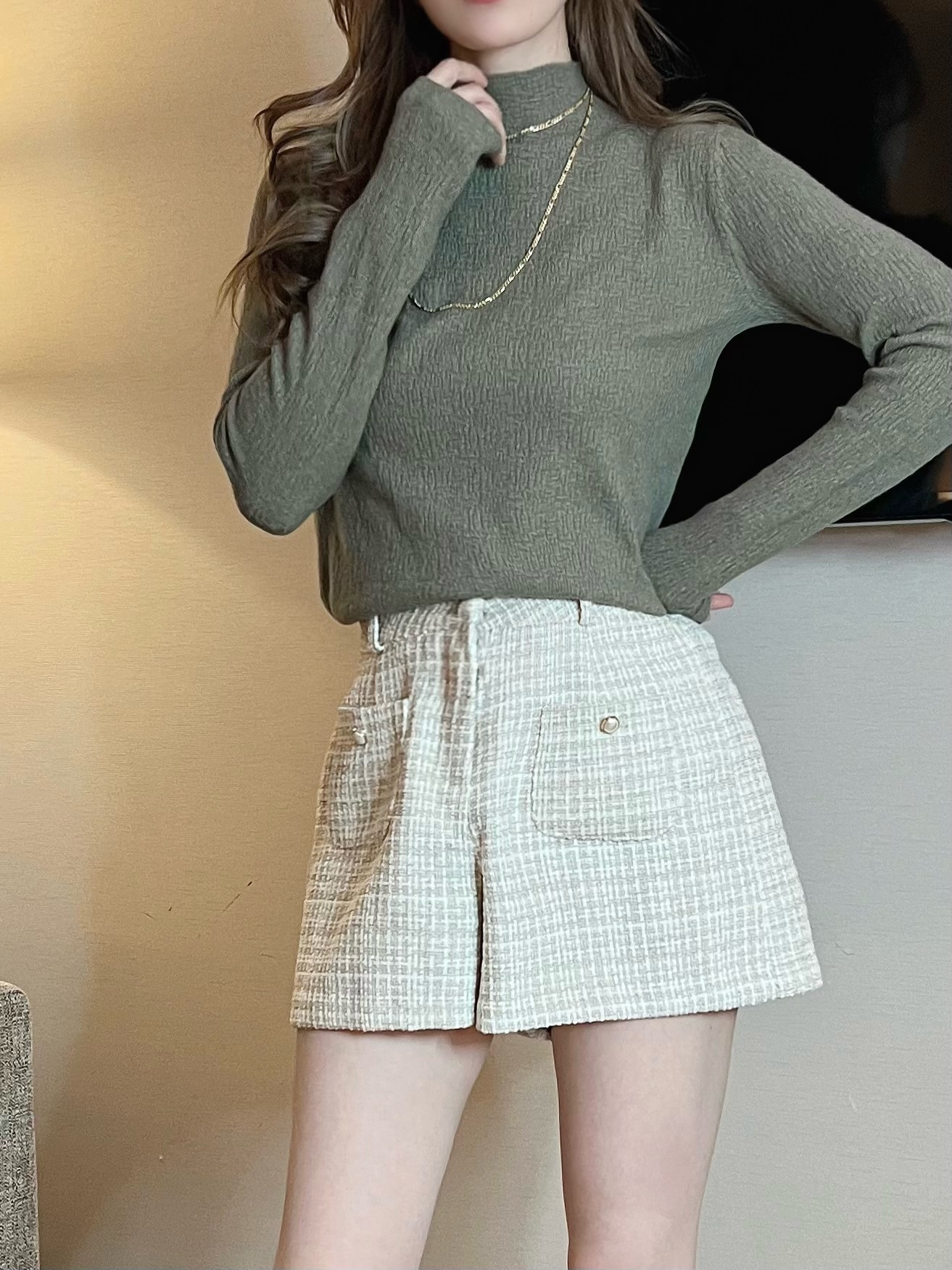 雙口袋珍珠織紋短褲