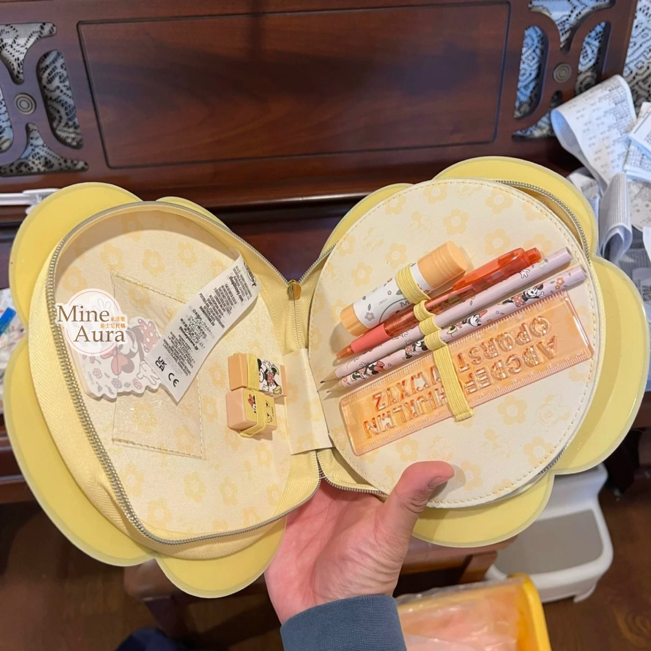 (限時特價) 米妮 Minnie 圖案 黃色 花朵造型 文具包 文具組 -上海迪士尼樂園