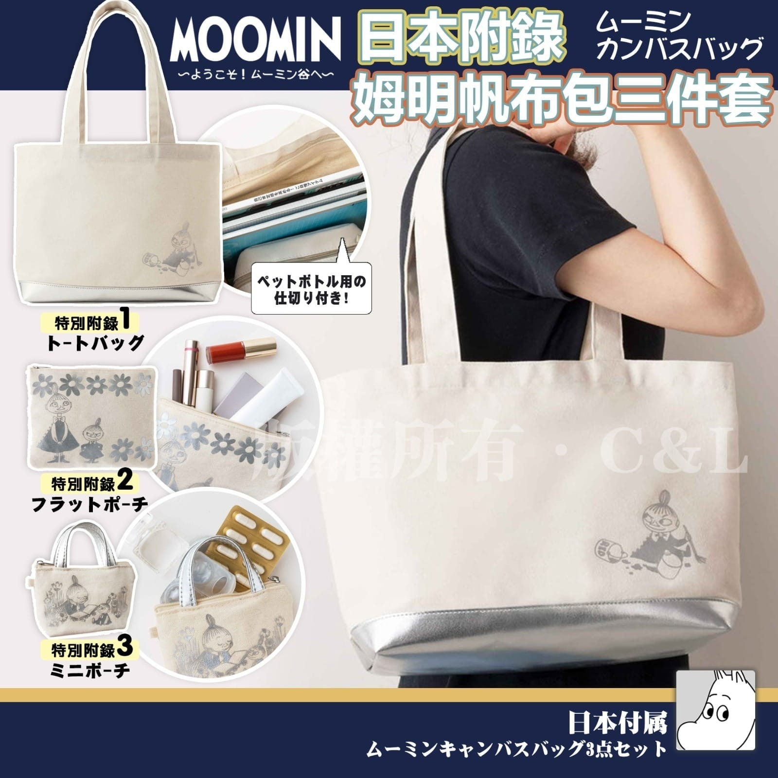 日本附錄姆明帆布包三件套