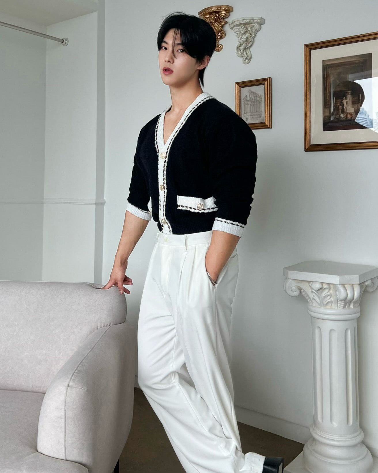 手工粗花呢針織開衫外套