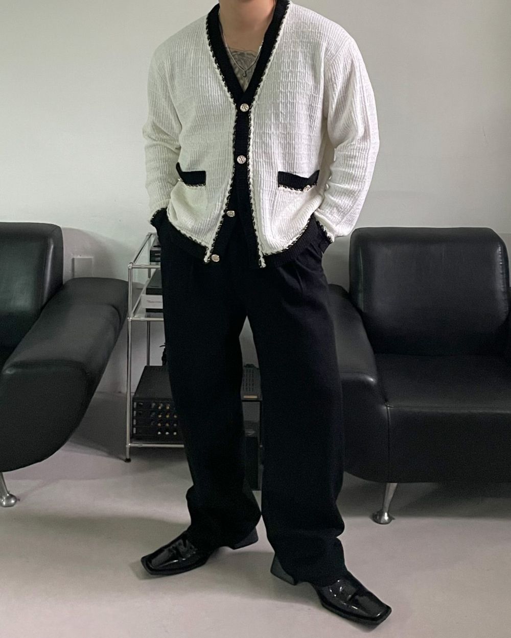 手工粗花呢針織開衫外套