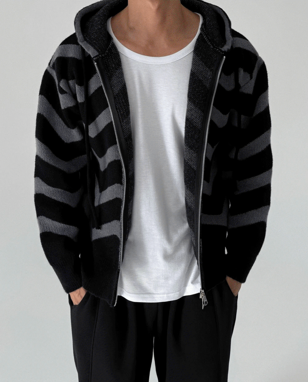 鋸齒紋針織連帽拉鍊外套