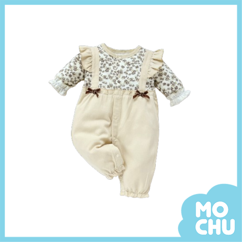 碎花飛袖假兩件長袖連身衣