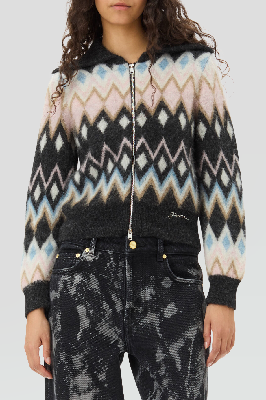 GANNI｜BRUSHED 幾何圖案翻領針織外套