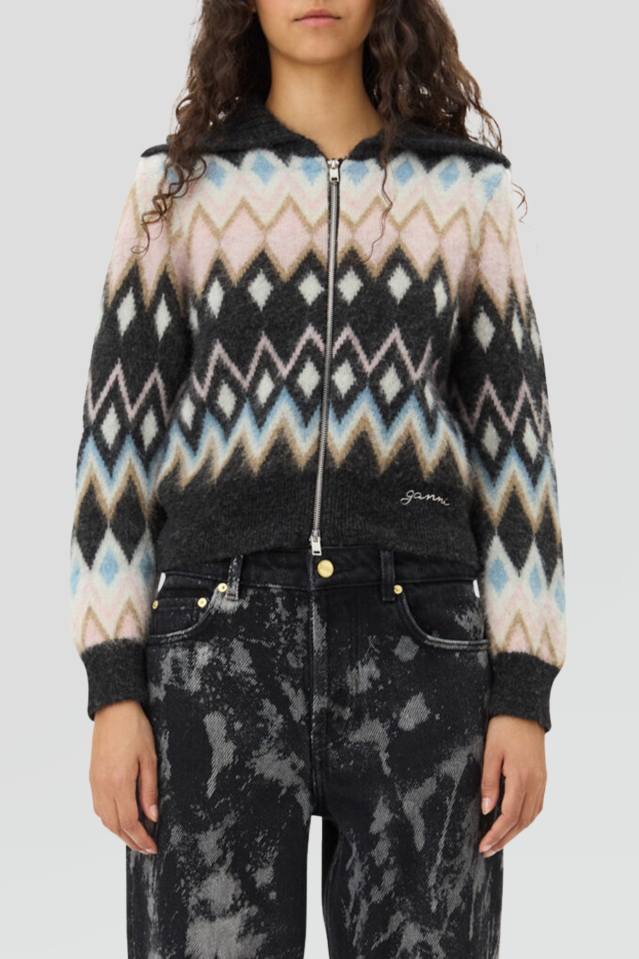 GANNI｜BRUSHED 幾何圖案翻領針織外套