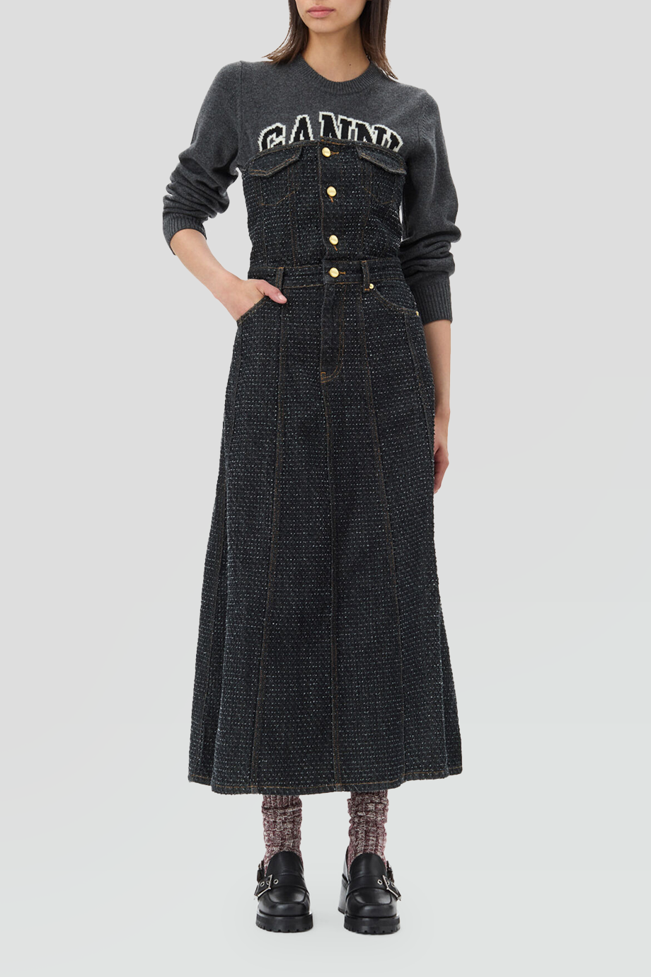 GANNI｜FLUFFY 平口馬甲坑條牛仔洋裝