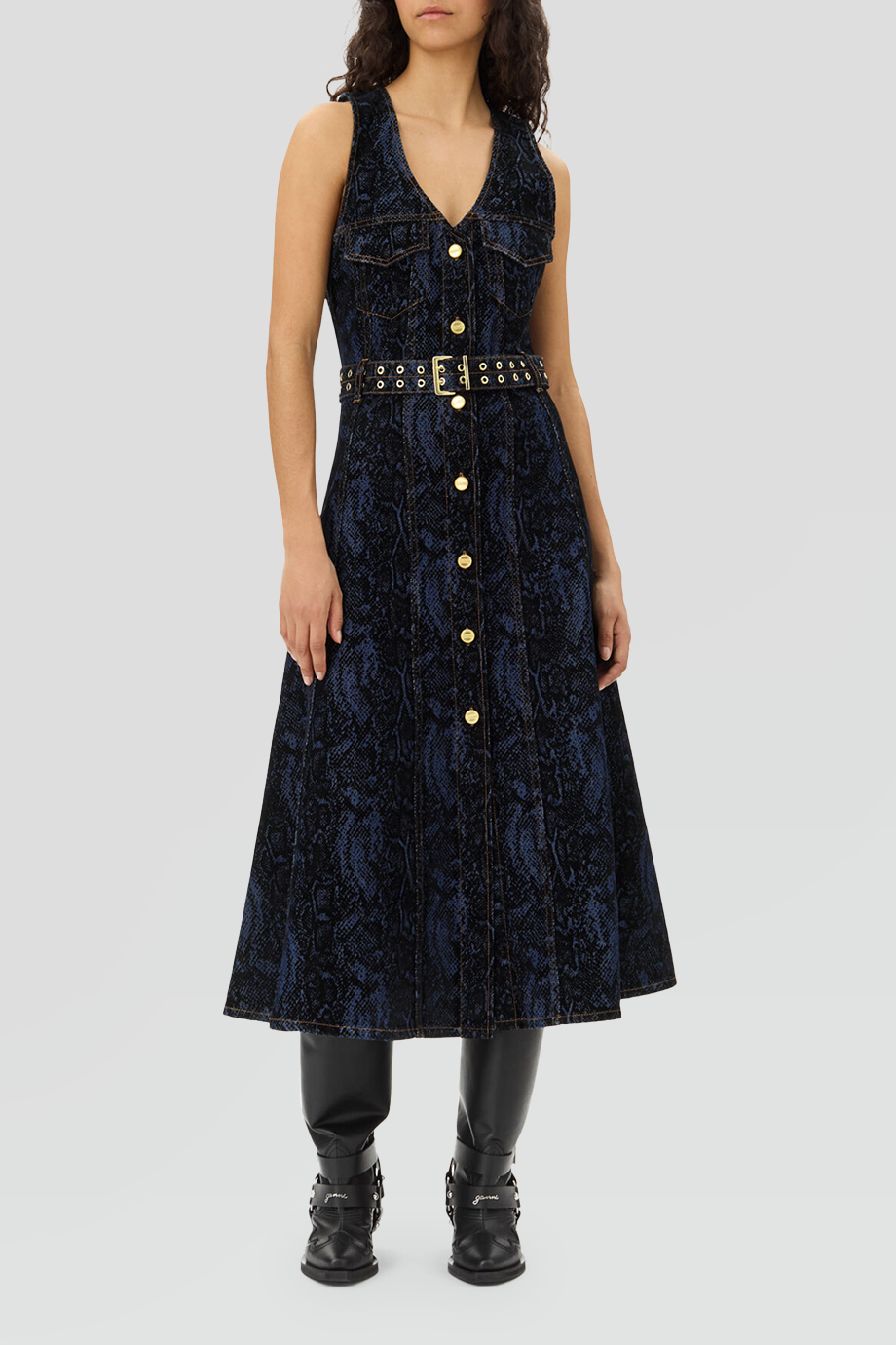 GANNI｜FLOCK 無袖腰帶動物紋牛仔洋裝