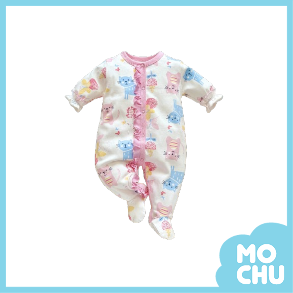 粉藍貓咪花邊包腳連身衣