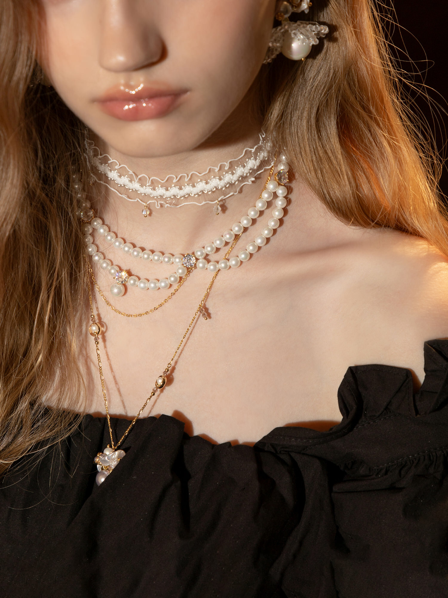 瑪伊演員夢。MUCHAT手作14KGP蕾絲施華洛水晶珍珠項鍊