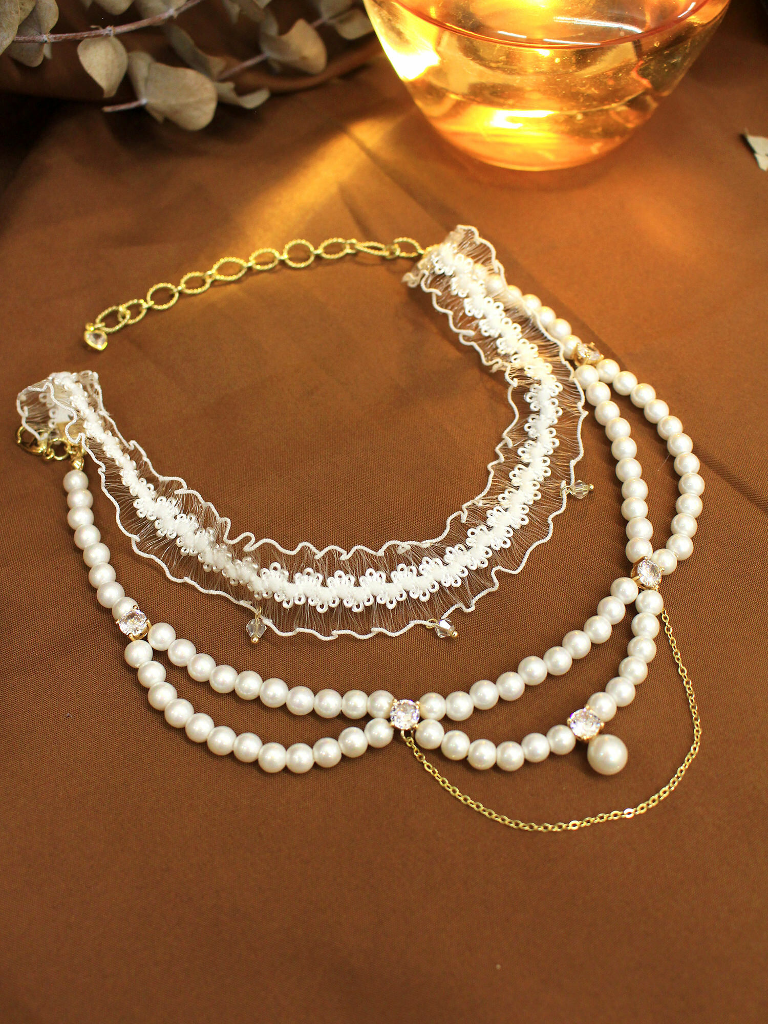 瑪伊演員夢。MUCHAT手作14KGP蕾絲施華洛水晶珍珠項鍊