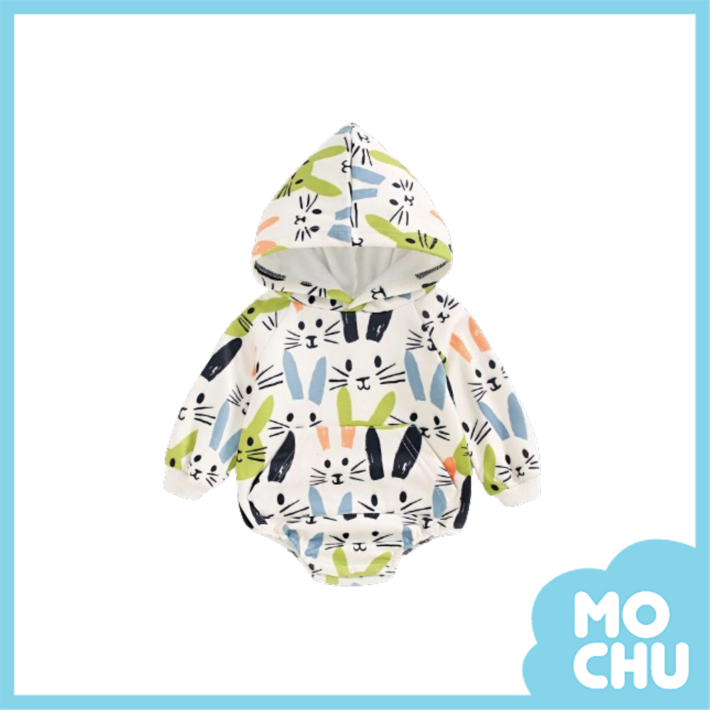 花色兔子加絨連帽包屁衣
