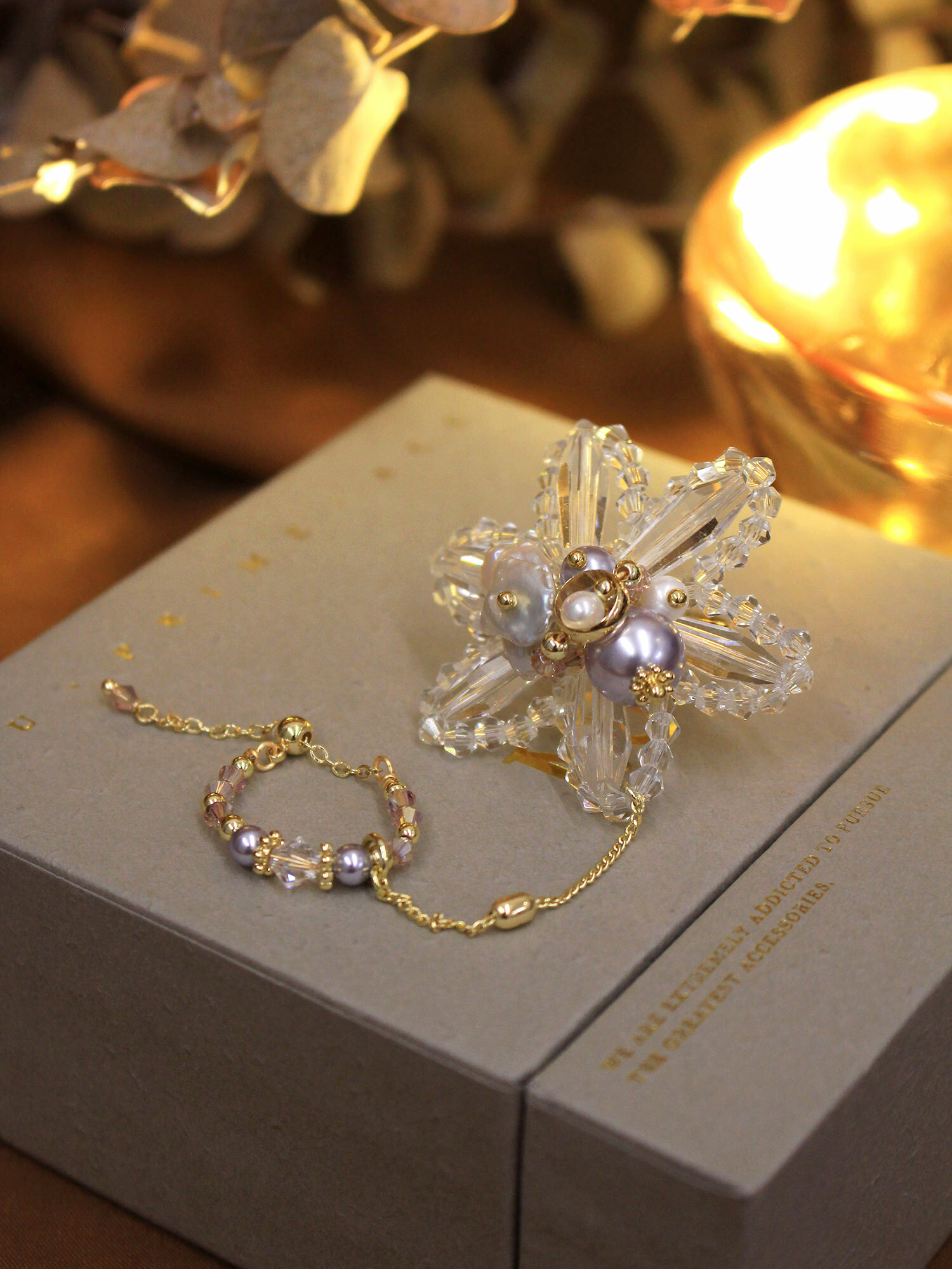 瑪伊演員夢。MUCHAT手作14KGP施華洛珍珠雪花戒指