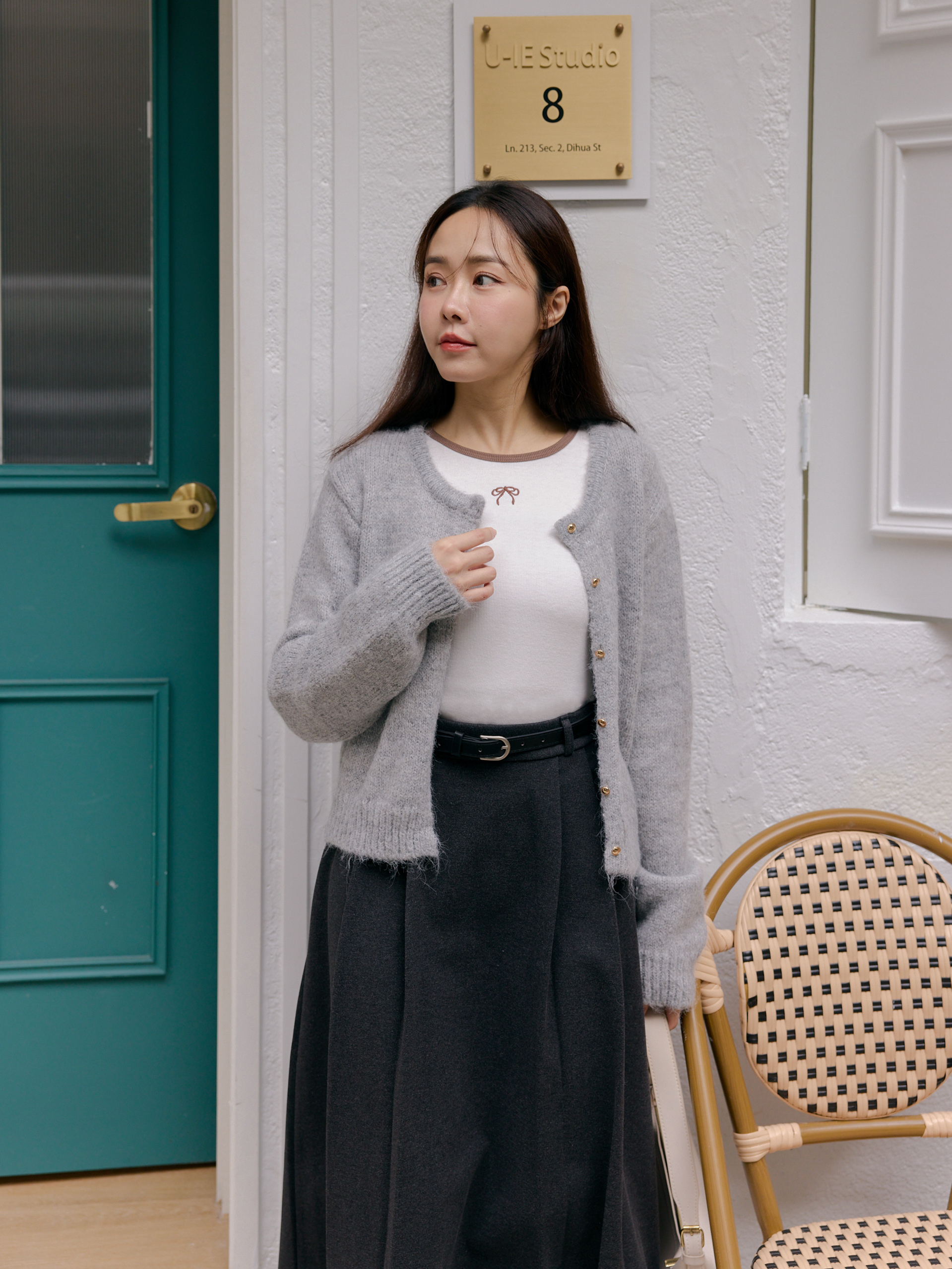 圓領毛毛金釦織紋外套