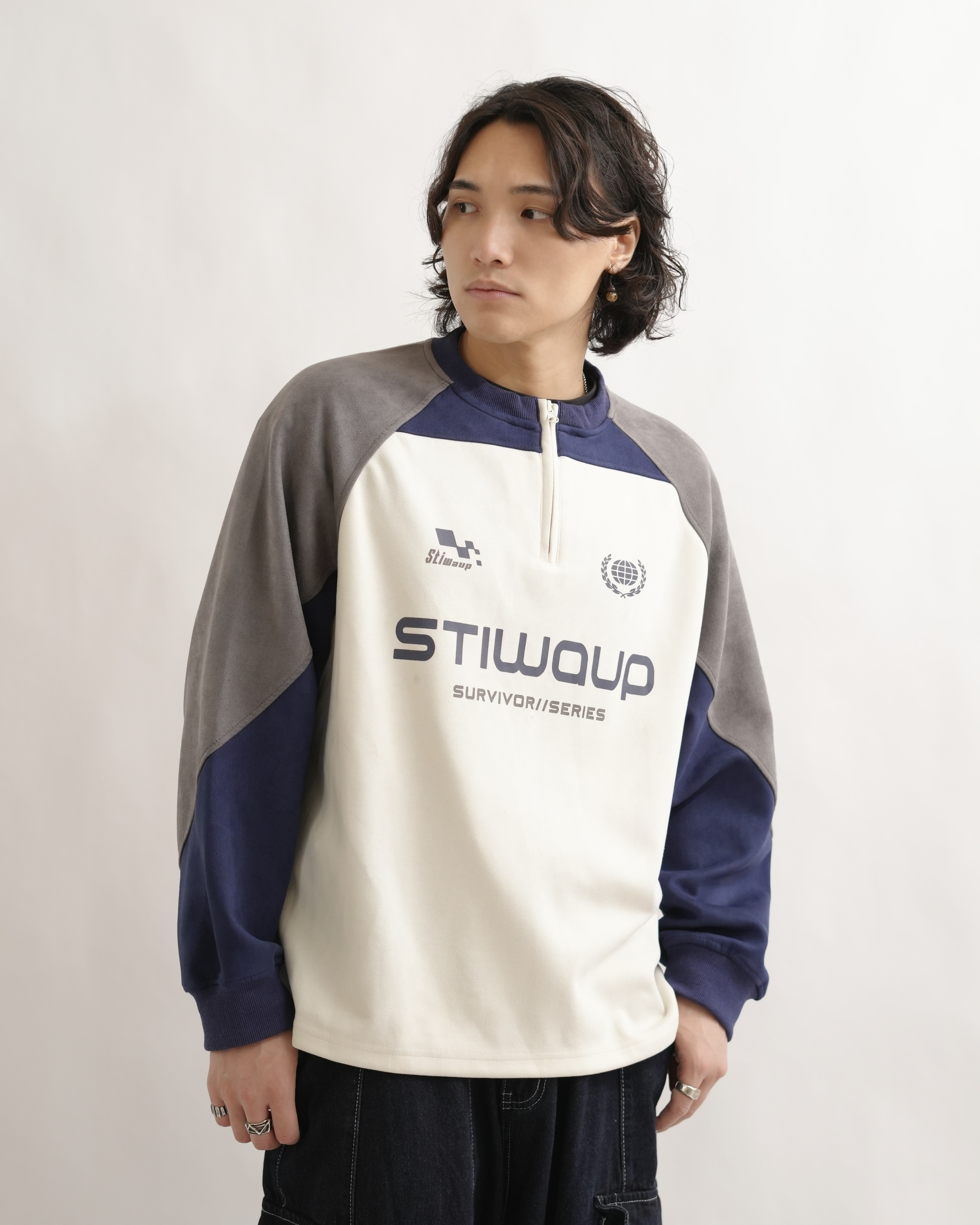 ML011 半拉鏈拼色麂皮衛衣-米色