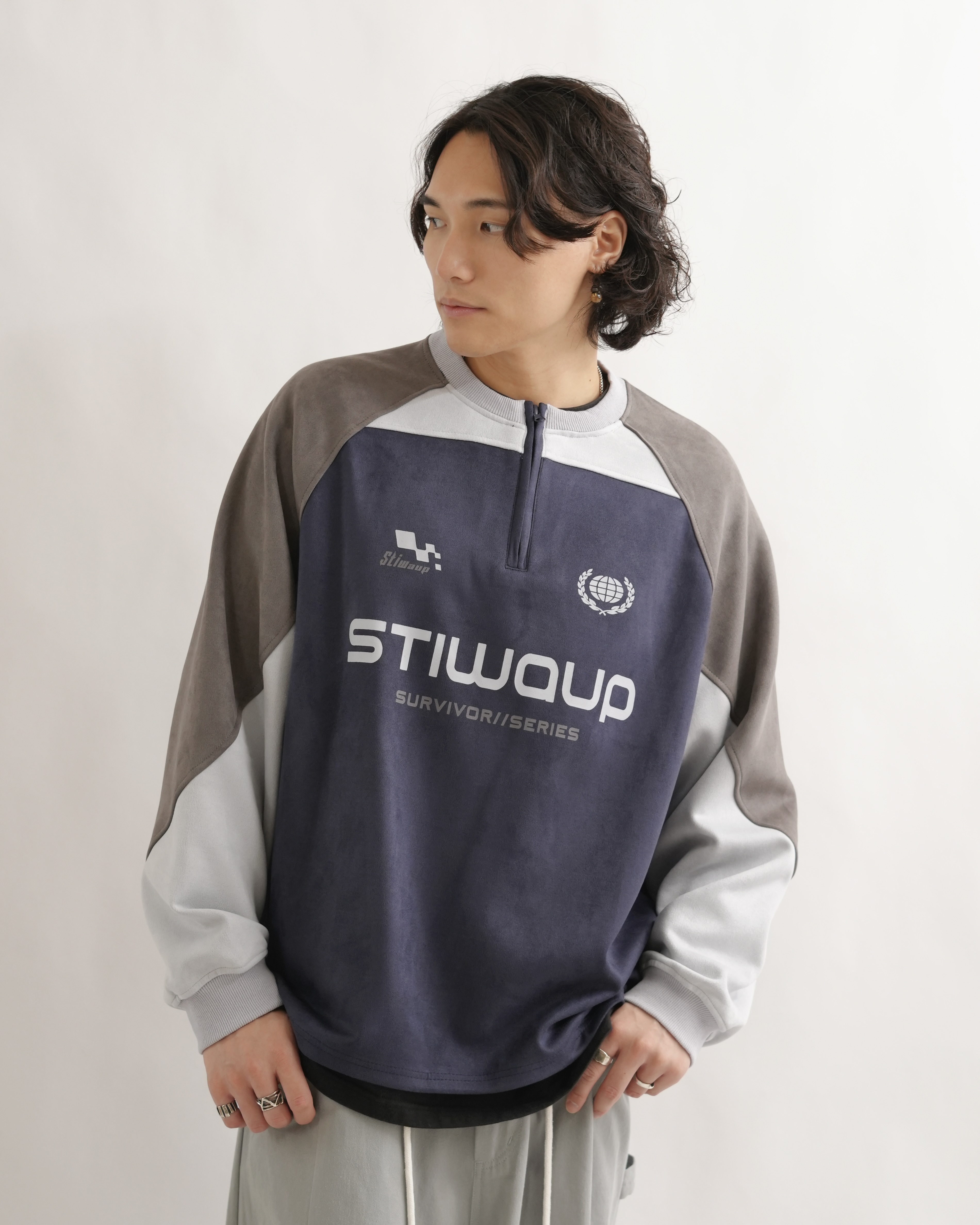 ML012 半拉鏈拼色麂皮衛衣-藏青色