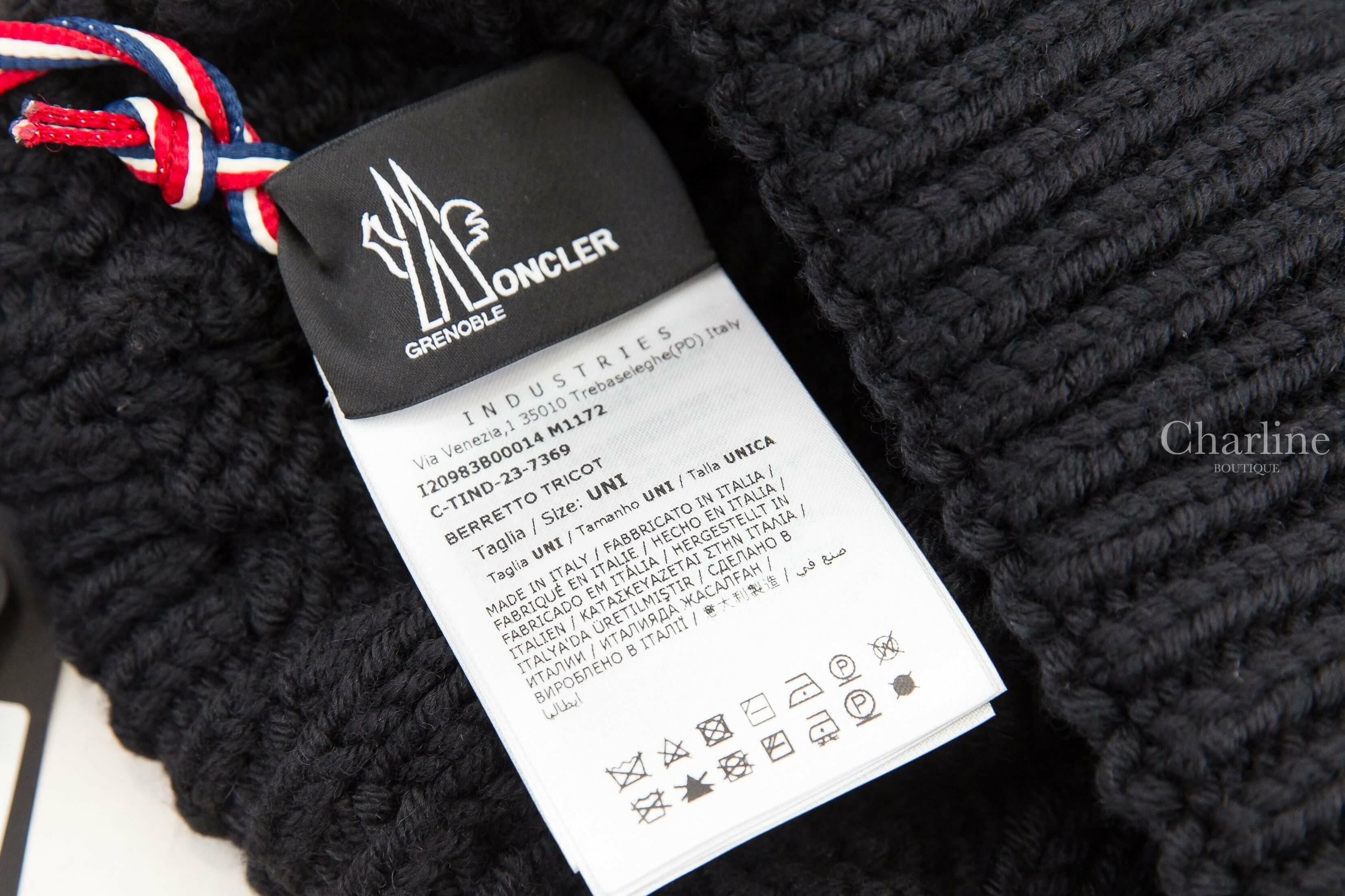 Moncler Wool Beanie 黑色刺繡Logo羊毛麻花針織毛帽-Charline Boutique 精品代購