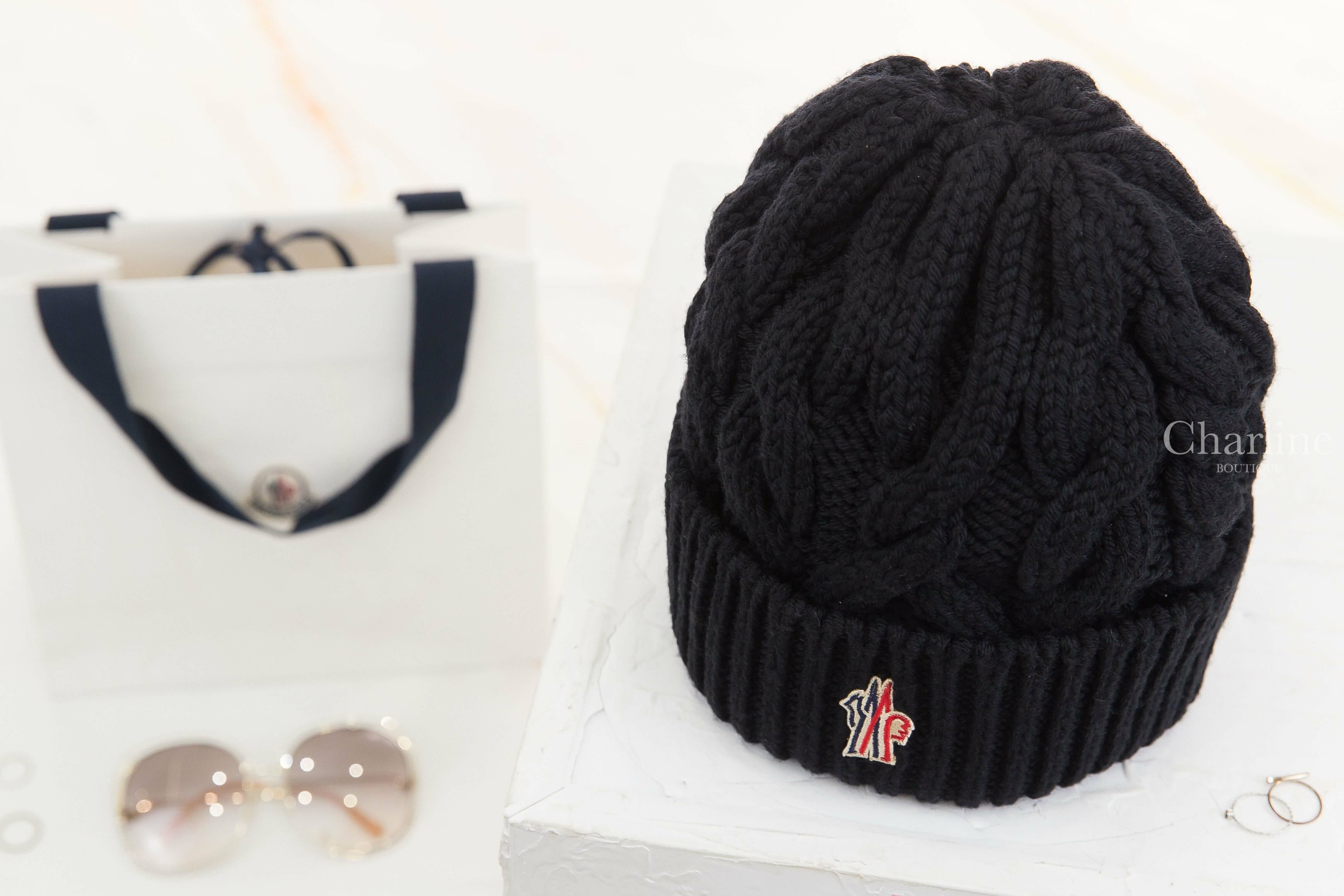 Moncler Wool Beanie 黑色刺繡Logo羊毛麻花針織毛帽